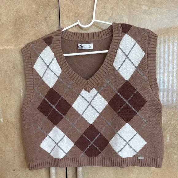 Lot of 2 Hollister V-Neck vests - Brown Argyle / white  Houndstooth size S - Picture 4 of 4
